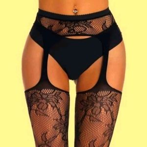 Flower pattern fishnet stockings with attached garter belt